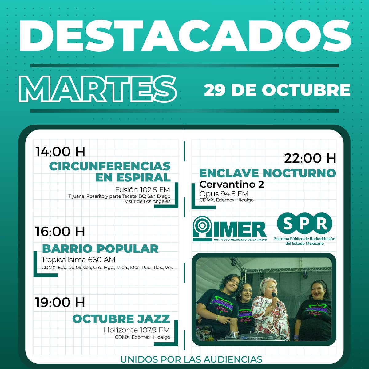 SPRMexico's tweet photo. El talento de #LasMusasSonideras llega a la “Noche de Brujas, Sonideras y Rebeldes” para deleitarnos con la mejor música del barrio sonada hecha por mujeres.🎶
#BarrioPopular🗓️29 de octubre⏰16:00H en @tropi660am , una emisora del @imerhoy por el📻#660AM
#UnidosPorLasAudiencias https://t.co/k8NpkhwUA8