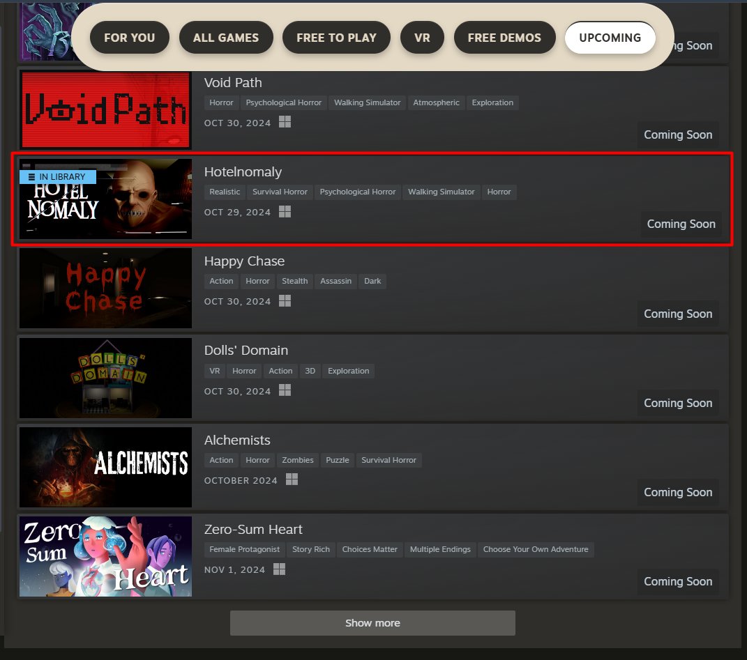 arcadesindo's tweet photo. We're thrilled to announce that our game, Hotelnomaly, is featured in the Popular Upcoming section on Steam's Scream Fest! #SteamScreamFest #Horror #indiegame #IndieDevs https://t.co/pHNgi4izKG