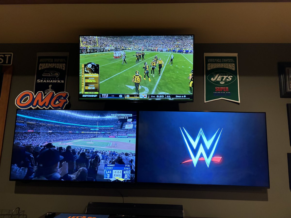 When people ask why three TV’s?!
#WWERAW #WorldSeries