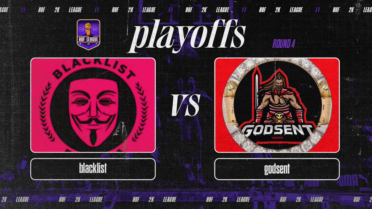🏆 HOFLeague Playoffs “Sweet 16”

Time: 11:00 PM EST 

Blacklist Stream: twitch.tv/iiitzdj

Godsent Stream: twitch.tv/youknowdjay

Blacklist 

PG:@xCristianSZ
SG:<a href="/oSplashhPR/">HI IM SPLASH 🎮🇵🇷</a>
SF:<a href="/IBABYCHIVO/">🎯</a> 
PF:<a href="/MiguelDJesusG/">ItzDJ</a>
C:<a href="/FakeStepK/">llJotall</a>

VS 

<a href="/GODSENT2k/">MPBA WR GODSENT CHAMPS 💍☝🏻</a> 

PG: <a href="/CooksIverson/">🎲</a> 
SG: