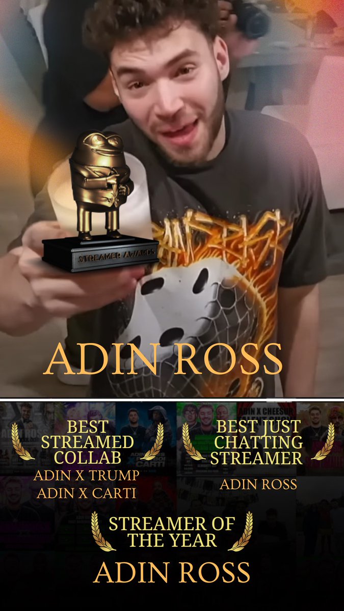 triplegunn's tweet photo. VOTE FOR ADIN ROSS ON THE STREAMER AWARDS!!🏆

CATEGORIES:
-Best streamed collab
-Best Just Chatting streamer
-Streamer of the year 

Y’all always complain when Adin doesn’t get nominated but it’s because y’all never vote.. 🤦‍♂️ 

@StreamerAwards @adinross https://t.co/7hcplNWQqF