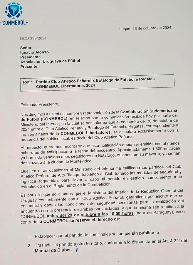 EPreve's tweet photo. 💣URGENTE

🚨CONMEBOL no acepta que se juegue sin público de Brasil el partido BOtafogo-Peñarol.

🚨CONMEBOL exige al Ministerio del Interior que garantice por escrito que se encuentran dadas las condiciones de seguridad para los parciales de Botafogo. https://t.co/oopdOaCzlK