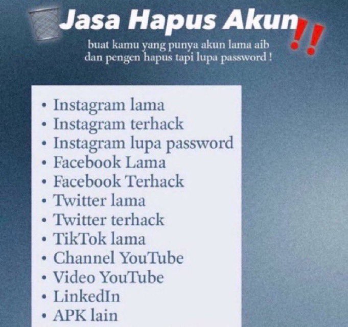 Menerima jasa pemulihan akun pulihkan / balikin akun IG &amp; FB yang dihack, terkunci, dll 
hub 📱 wa.me/+62895323371618
#zonauang