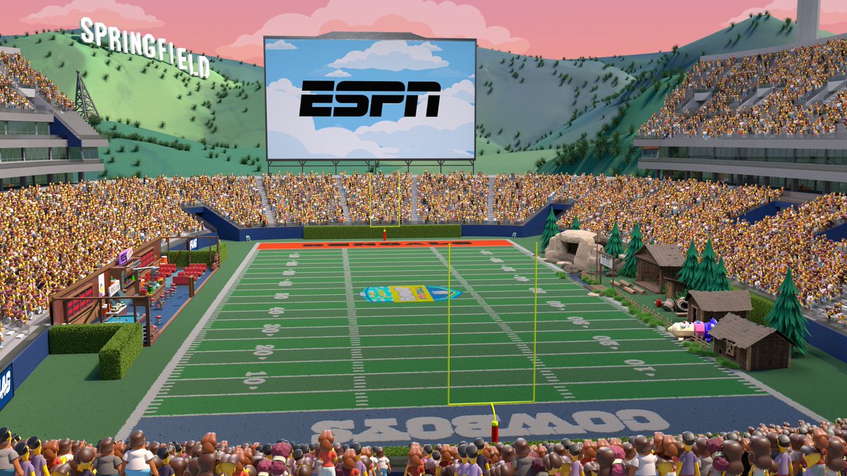 ESPNPR's tweet photo. 👀Here is a first look at Atoms Stadium in Springfield, where 'The Simpsons Funday Football" will be played

Bart &amp; Homer (and the @Bengals &amp; @dallascowboys) will be joined by recognizable Simpsons characters throughout, including Marge, Lisa &amp; Maggie

🔗https://t.co/asrwhDYbRT https://t.co/iXQnrSFDoO