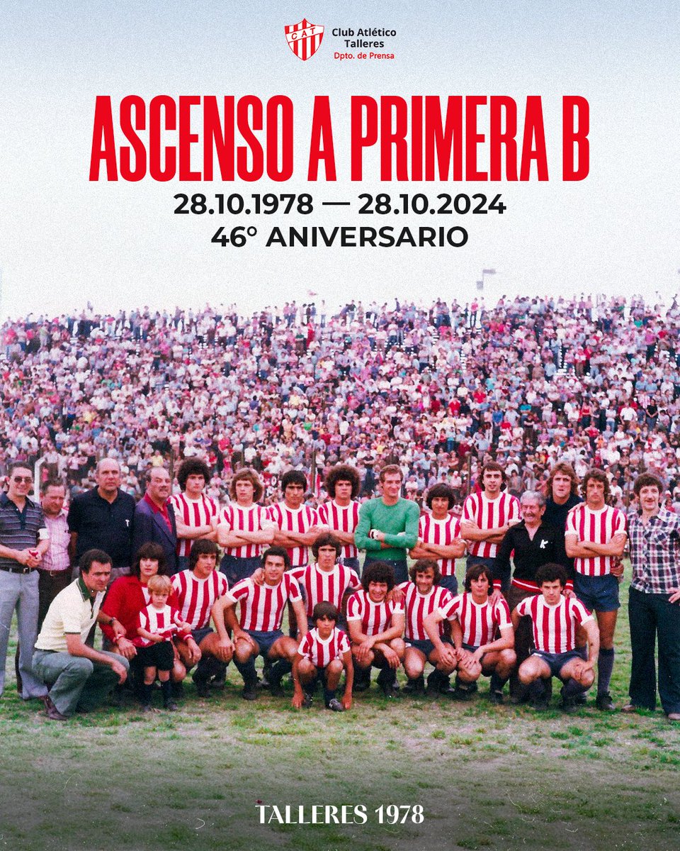 #TalleresCampeon 🏆

Talleres venció 5 a 0 a Colegiales el 28 de octubre de 1978 se consagró campeón y ascendió a Primera B con una campaña inolvidable

El albirrojo obtuvo casi el 90% de los puntos en disputa: 32 triunfos, 4 empates y sólo 2 derrotas

¡Eternamente campeones! 🥇