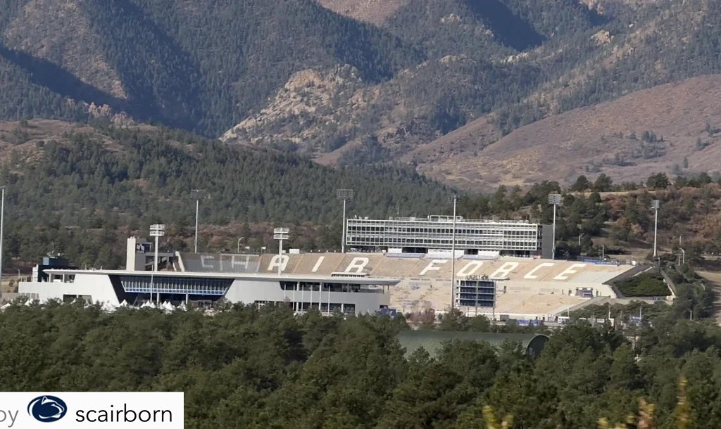 RedditCFB's tweet photo. A few Cadets infiltrated Falcon Stadium and added their own embellishments ahead of this week’s Army-Air Force game. Visible from I-25. 😅🪑🫡 https://t.co/yYaEdX3ShE