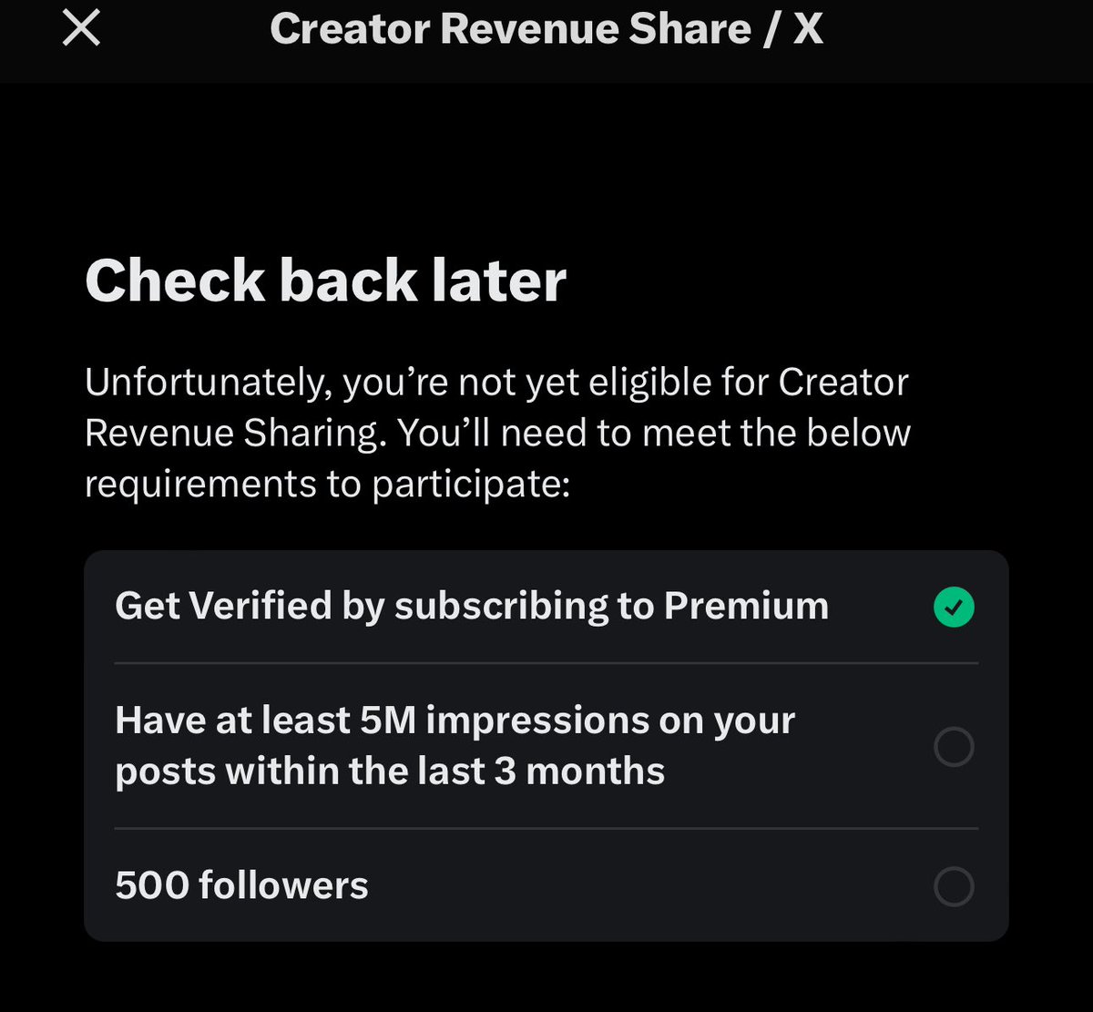 TerenceChamp's tweet photo. Thinking about paying for  premium in X so you can participate in the revenue sharing program? This one stat is what you should focus on when making your decision. You need 5 million impressions in a 3 month span. Thats about 55,555 impressions per day. https://t.co/nox64o8kMu