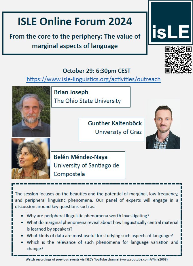 Join us TODAY, 6:30pm CEST: ISLE Online Expert Panel on "From the core to the periphery: The value of marginal aspects of language" with Brian Joseph , Gunther Kaltenböck, and Belén Méndez-Naya! isle-linguistics.org/activities/out… <a href="/ISLELinguistics/">ISLE</a> #EnglishLinguistics <a href="/BelnNaya/">Belén Naya Méndez</a>