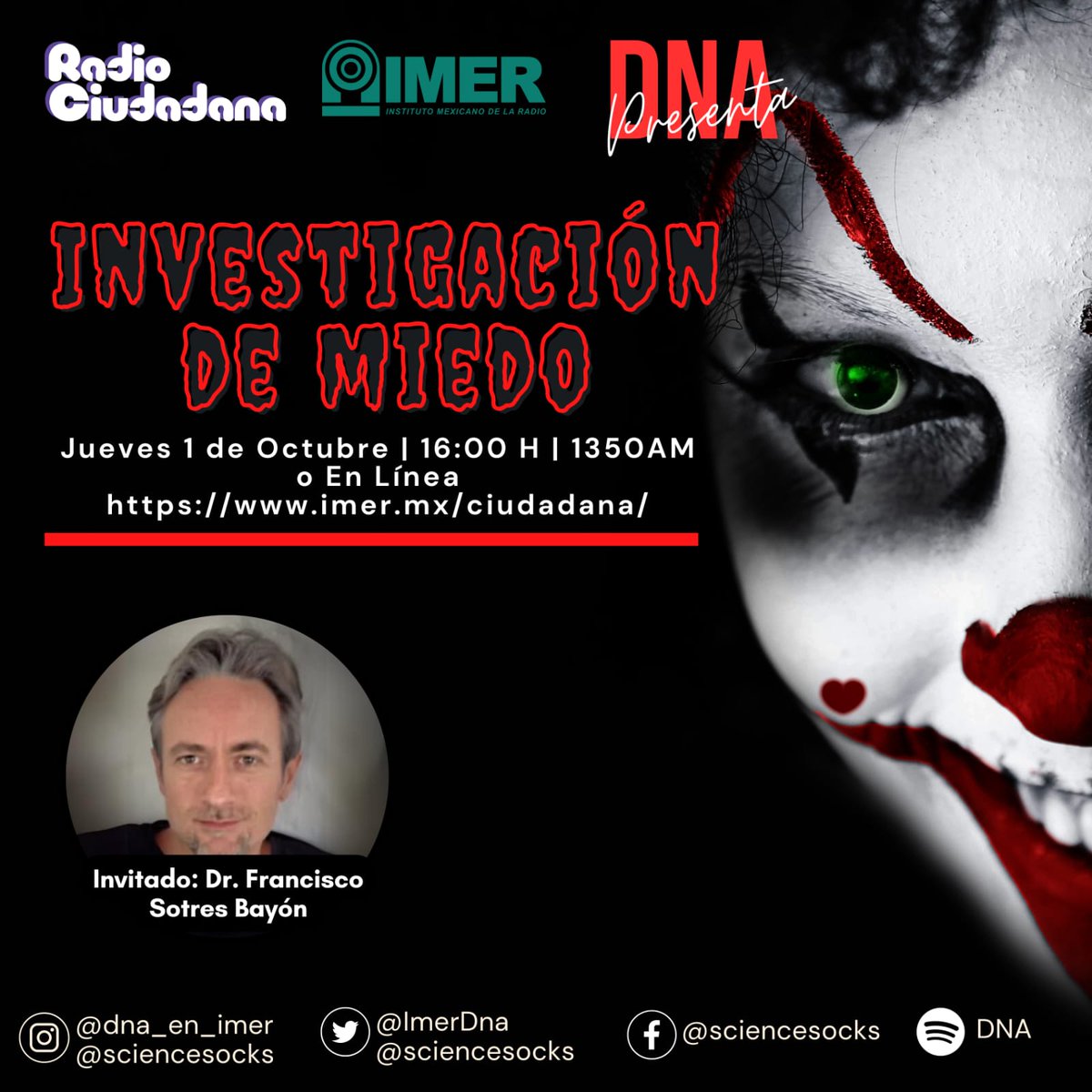 Este jueves es #halloween y nosotros festejamos hablando sobre las bases neurobiológicas del #miedo con el experto Dr Francisco Sotres de <a href="/IFC_UNAM/">Fisiología Celular UNAM</a>
No te lo puedes perder 
Jueves 16:00 H 
Solo por @ciudadanaimer 
#HablemosDeCiencia