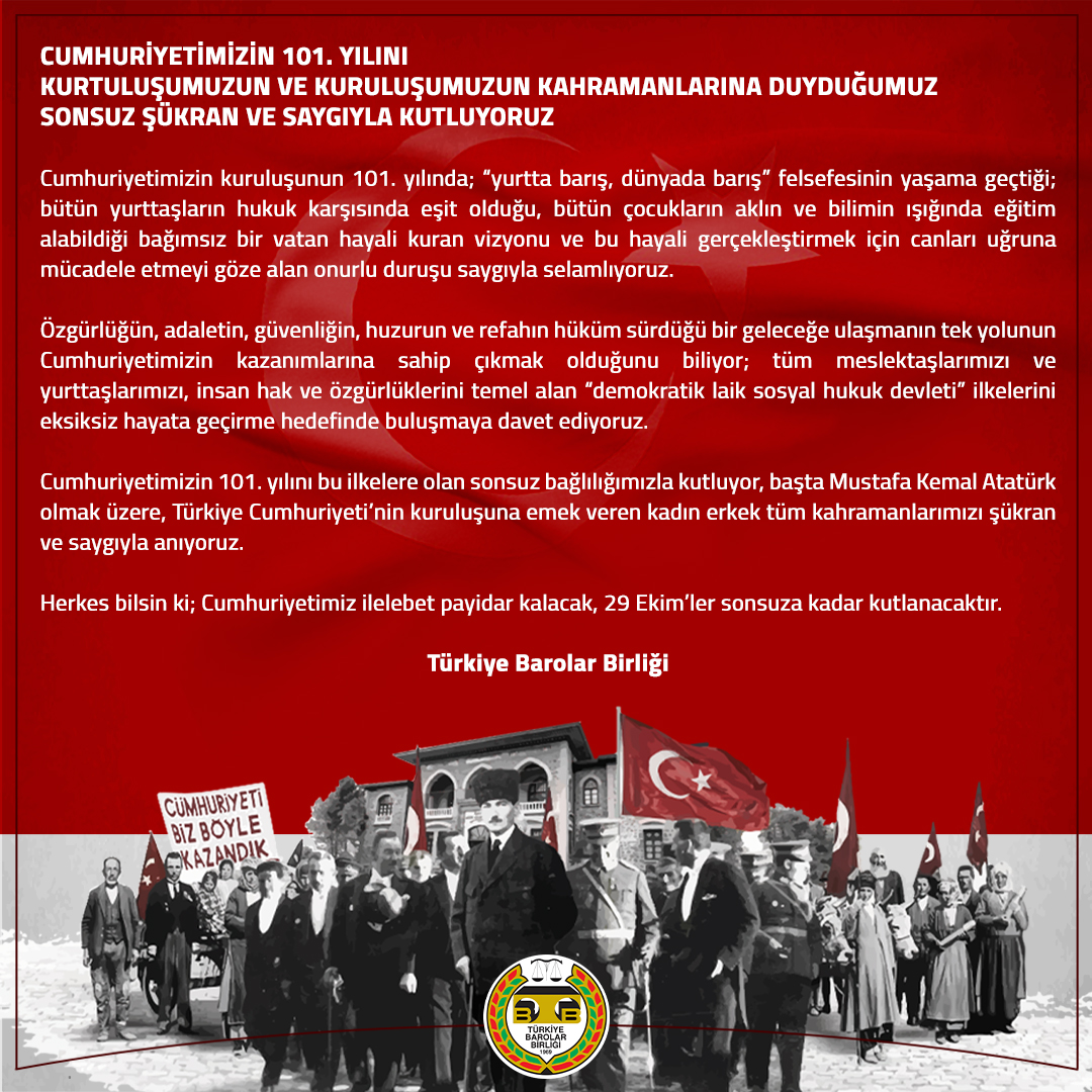 Cumhuriyetimizin 101. Yılını Kurtuluşumuzun ve Kuruluşumuzun Kahramanlarına Duyduğumuz Sonsuz Şükran ve Saygıyla Kutluyoruz #29EkimCumhiyetBayramı 🇹🇷