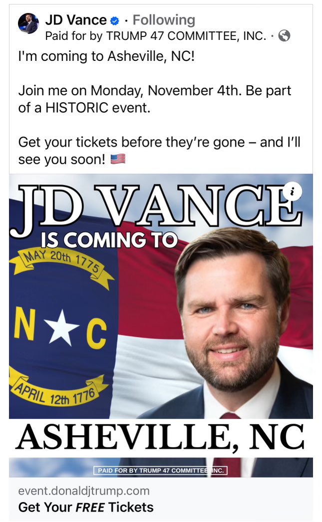 MargoinWNC's tweet image. JD VANCE COMING TO WESTERN NORTH CAROLINA
ASHEVILLE, NC 
NOVEMBER 4th. 

#ncpol