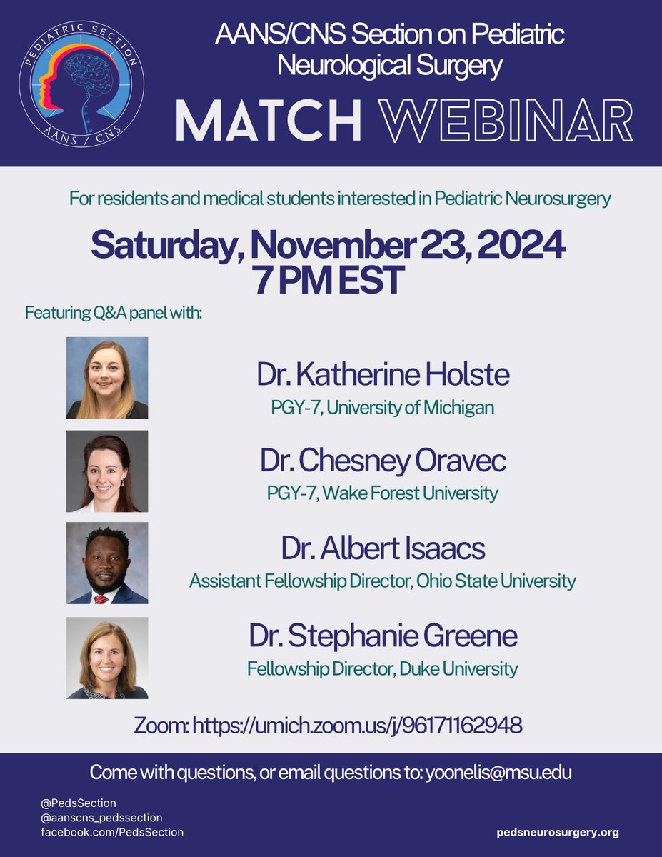 🧠Interested in the Pediatric Match? Join the AANS/CNS Pediatric Neurosurgery webinar for advice from residents &amp; fellowship directors on making a successful application #neurosurgery #PedsNeuroMatch This is not a WINS-sponsored event; please direct questions to contact on flyer.
