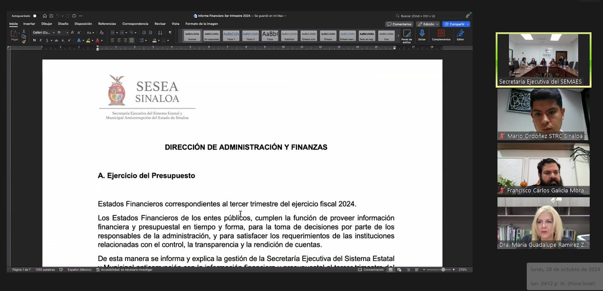STRCSinaloa's tweet image. #EstaTarde nuestra Titular, Dra. María Guadalupe Ramírez Zepeda, como integrante del Órgano de Gobierno del Sistema Estatal y Municipal #Anticorrupción de #Sinaloa, participó de la Cuarta Sesión Ordinaria 2024, en la que se aprobó Informe Trimestral de Situación Financiera.