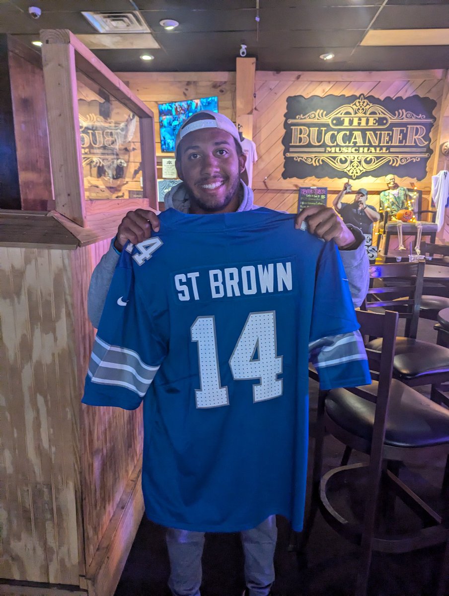 congrats to <a href="/ljw7263/">LJ Ward</a> for winning the jersey giveaway tonight. once again, a Panthers fan bypassed the Bryce Young jersey. LJ went with Amon-Ra St Brown. 

come out to the Buccaneer Music Hall next Monday night for your chance to win.