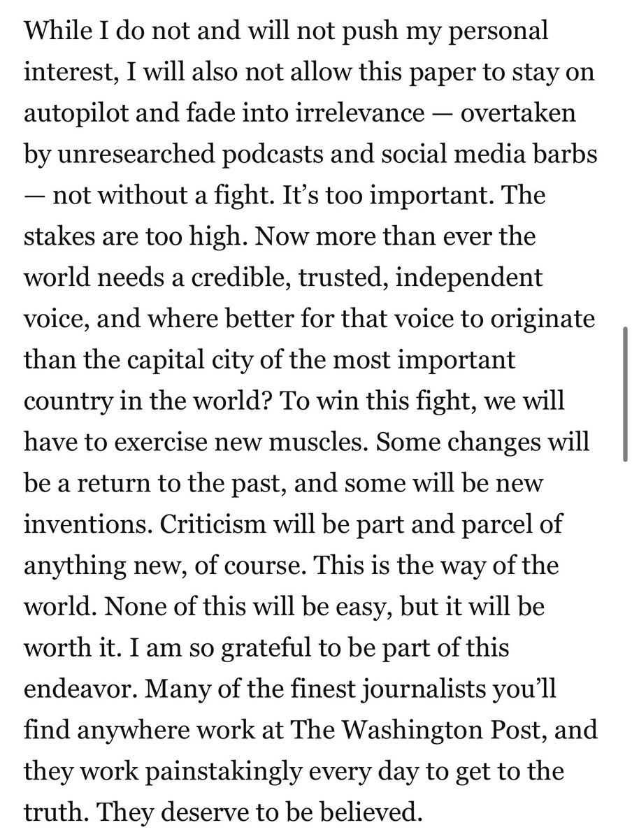 CollinRugg's tweet photo. NEW: Jeff Bezos rips the band-aid off, blasts his own newspaper’s credibility and the victim mentality.

Based.

The statement comes after Bezos refused to allow The Washington Post to make a presidential endorsement. 

“Most people believe the media is biased. Anyone who doesn’t see this is paying scant attention to reality, and those who fight reality lose. Reality is an undefeated champion.”

“It would be easy to blame others for our long and continuing fall in credibility (and, therefore, decline in impact), but a victim mentality will not help. Complaining is not a strategy. We must work harder to control what we can control to increase our credibility.”

“Presidential endorsements do nothing to tip the scales of an election. No undecided voters in Pennsylvania are going to say, “I’m going with Newspaper A’s endorsement.” None. What presidential endorsements actually do is create a perception of bias. A perception of non-independence. Ending them is a principled decision, and it’s the right one.”

“Lack of credibility isn’t unique to The Post. Our brethren newspapers have the same issue. And it’s a problem not only for media, but also for the nation.”

“Many people are turning to off-the-cuff podcasts, inaccurate social media posts and other unverified news sources, which can quickly spread misinformation and deepen divisions.”

“While I do not and will not push my personal interest, I will also not allow this paper to stay on autopilot and fade into irrelevance — overtaken by unresearched podcasts and social media barbs — not without a fight. It’s too important. The stakes are too high.”

“Now more than ever the world needs a credible, trusted, independent voice, and where better for that voice to originate than the capital city of the most important country in the world? To win this fight, we will have to exercise new muscles.”

“Some changes will be a return to the past, and some will be new inventions. Criticism will be part and parcel of anything new, of course. This is the way of the world. None of this will be easy, but it will be worth it. I am so grateful to be part of this endeavor. Many of the finest journalists you’ll find anywhere work at The Washington Post, and they work painstakingly every day to get to the truth. They deserve to be believed.”