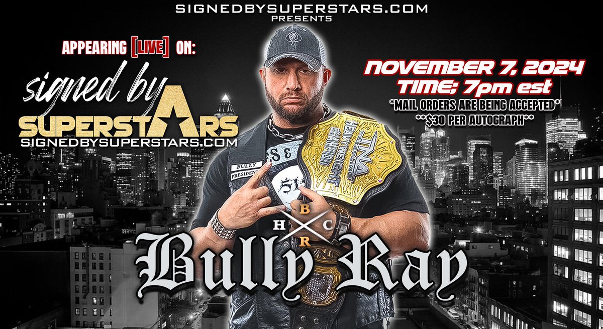 SuperstarSigned's tweet photo. 2x Hall of Famer @bullyray5150 returns on Nov 7th @ 7pm ET for a LIVE in-studio signing &amp; is bringing vintage Ring Worn gear!!!  Reserve your own autographed photo or action figure now at https://t.co/jrLmAQmsmz https://t.co/KAs4SJamsn
