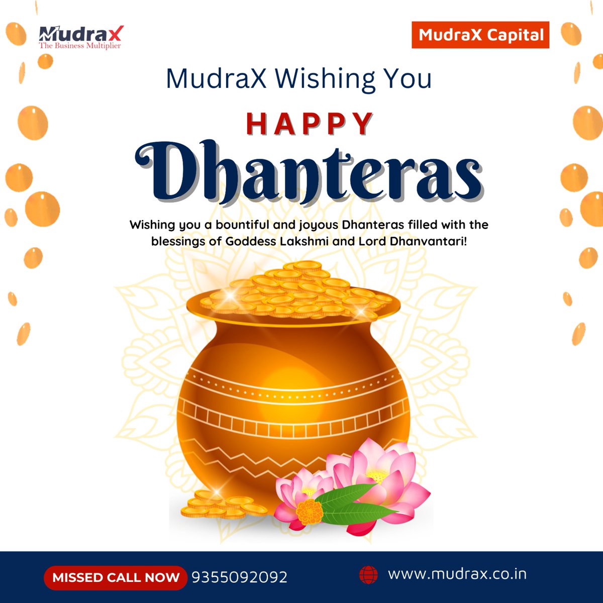 mudraxcapital's tweet photo. Wishing you a prosperous Dhanteras! May the blessings of Goddess Lakshmi and Lord Dhanvantari bring abundance, joy, and success to you and your loved ones.
#MudraX #HappyDhanteras #Prosperity #Dhanteras2024 #FestiveWishes #Dhanteras
🌐 https://t.co/U2qArfPTzV
📞 9355092092 https://t.co/6LjFJvXTN6
