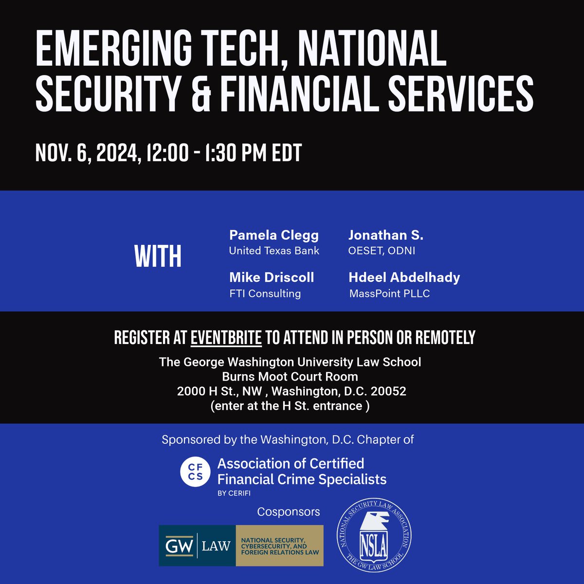 gwlawnatsec's tweet image. Join us on November 6 for a discussion of emerging technology, national security, and financial services!