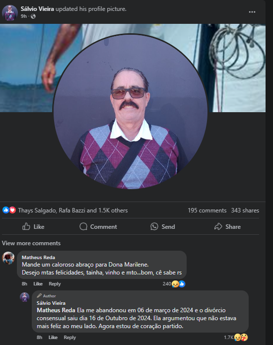 JefinhoMenes's tweet photo. PQP o cara do "Olá Marilene! De noite tainha, vinho e muito sexo" se separou. 

O amor acabou mesmo. https://t.co/lmW0cqJNEN
