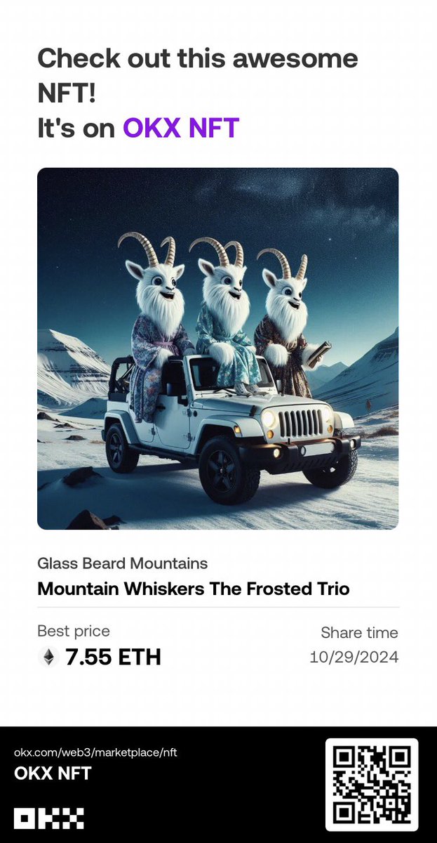 abbas_GBMC's tweet photo. 🚙✨ Meet the Mountain Whiskers: The Frosted Trio ! These quirky, frost-bearded goats are geared up for a wild adventure across icy peaks. 🌌 Ready to explore the untamed? Catch the magic on [NFT Platform] and be part of their journey! #NFT #MountainWhiskers #AdventureNFT https://t.co/DmCypcchjA