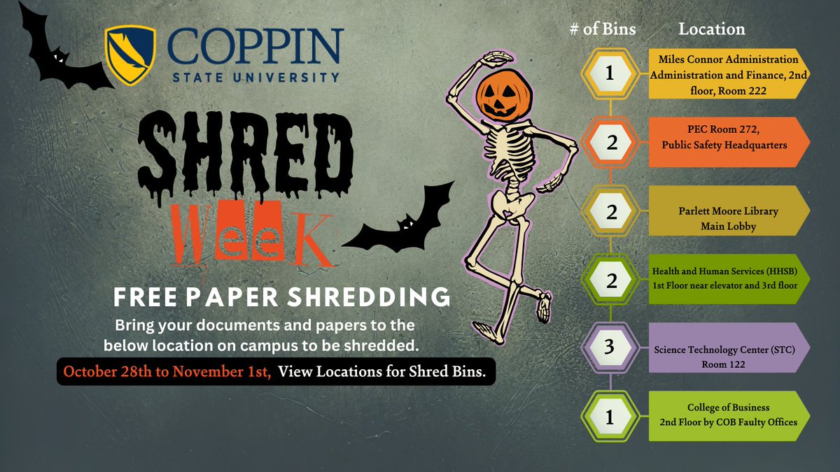 CoppinStateTech's tweet image. Protect what matters! 🛡️ Shredding documents helps prevent identity theft and secure personal info. Stop by shred bins in PEC, Parlett Moore Library, or STC and #ShredWithPurpose. #EcoFriendly #SecureYourInfo