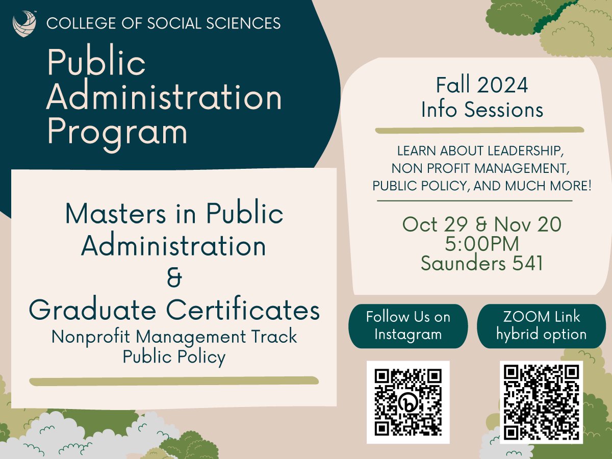 Discover @CSS_UHManoa <a href="/on_puba/">On PUBA</a> Public Administration Graduate Programs!
📅 Oct 29 &amp; Nov 20
🕔 5:00 PM
📍 Saunders 541 or Zoom bit.ly/3Y5Wrwx
Learn about Master's in Public Administration (MPA) and Graduate Certificates
#PublicAdministration #GradSchool #MPA