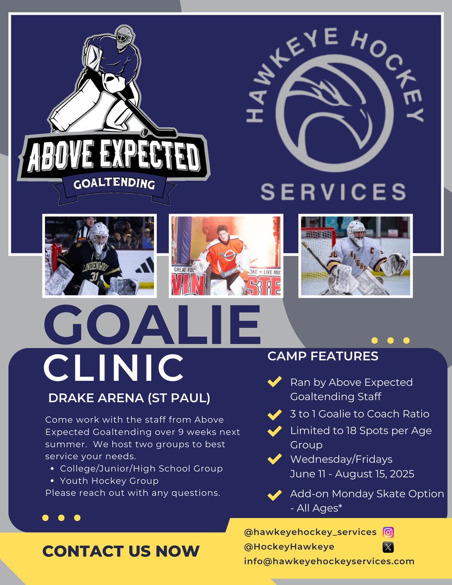 As families start preparing for training next summer, we are excited to release our options: 

-HS Forward Skate
-HS Defense Skate
-College/Junior Skill Skate
-Power Skating w/ Carey Tinkelenberg 
-Goalie Specific w/ Above Expected Goaltending

#HHS

Links in the bio!