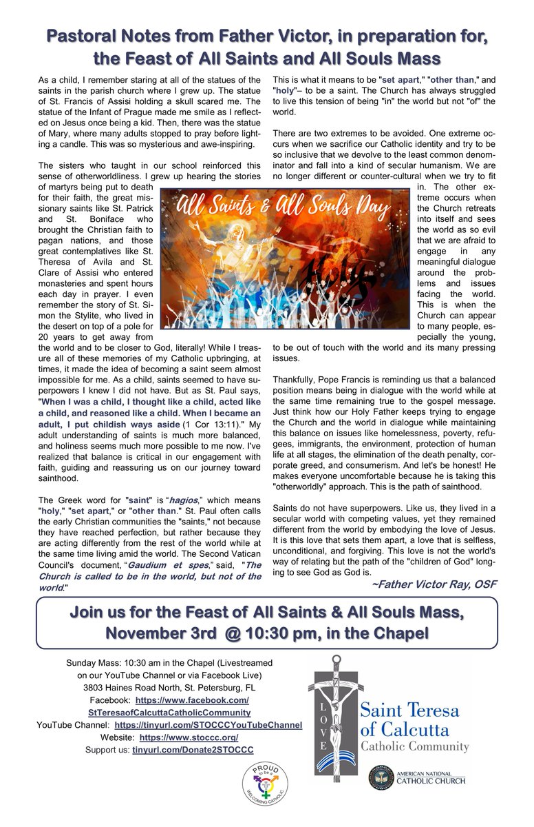 STOCCC2's tweet photo. Join us for the #FeastOfAllSaintsAndAllSouls Mass on November 3rd, @ 10:30 am, in the Chapel!
#AllSaintsAndAllSoulsMass #CatholicMass #StTeresaofCalcuttaCatholicCommunity #STOCCC #ANCC #AmericanNationalCatholicChurch #Catholic #IndependentCatholics https://t.co/aACTxQa60X