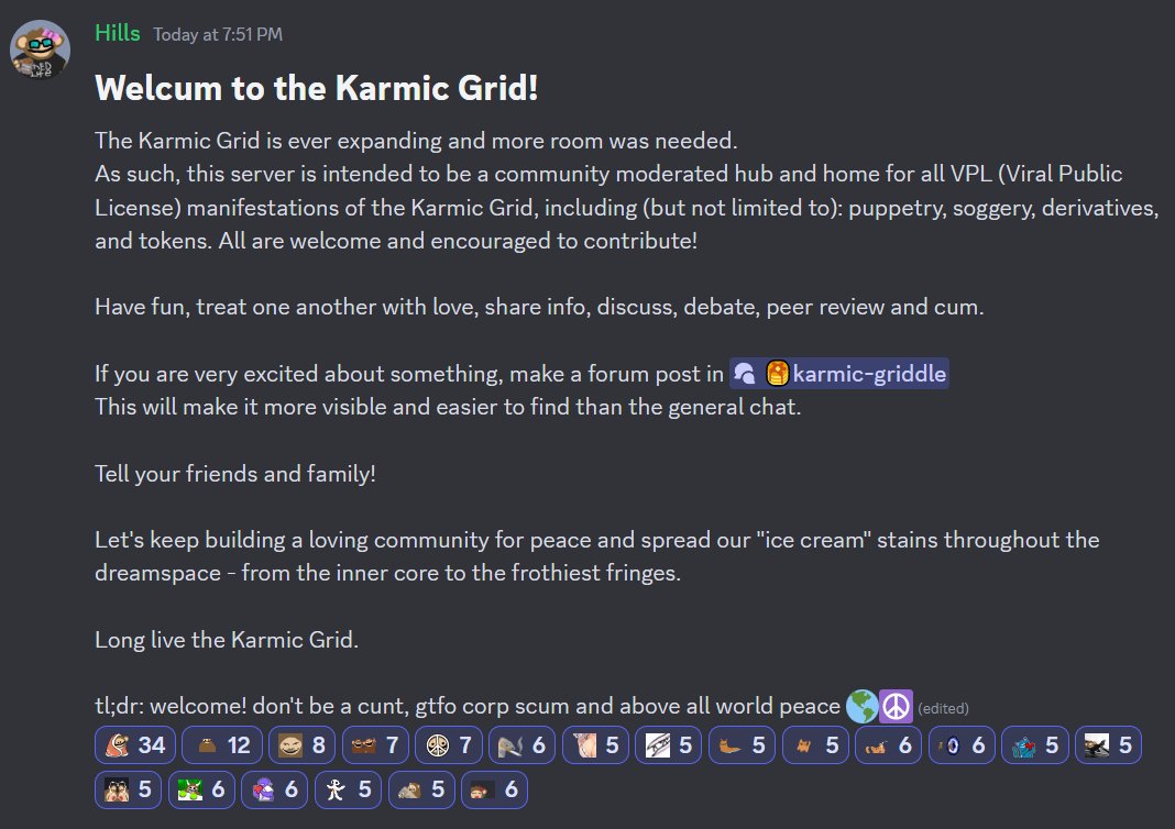 discord.com/invite/JV4nVRp…

KARMIC GRID DC  now open and like a shit. We got <a href="/HYAIPE/">HYAIPE</a> rapping in VC tonight.

Hope to see you all there. Here's a little tl;dr first puppet-service-announcement so y'all know what's going on. B)