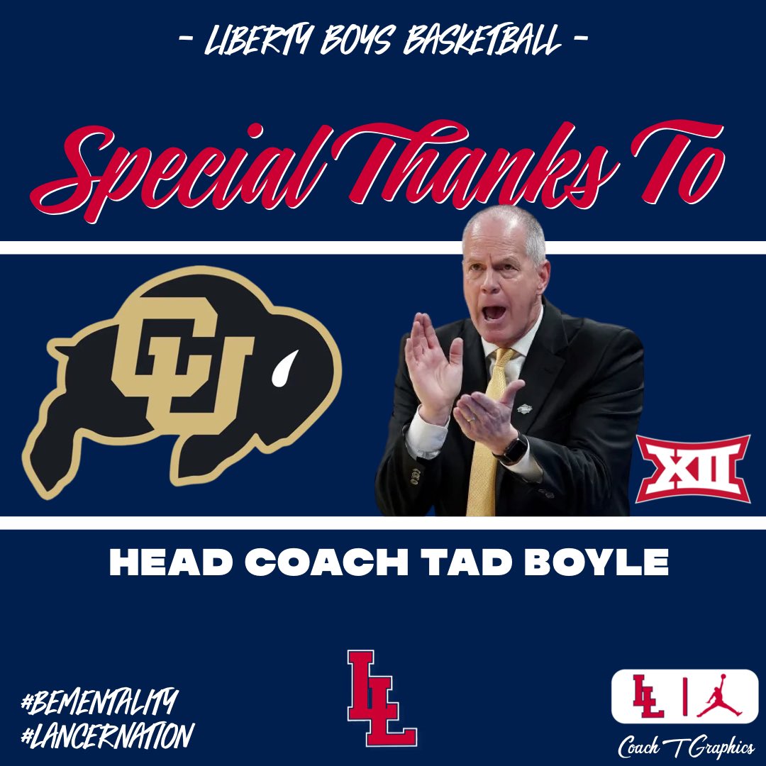 Aaron Thomas (@coachthomas_11) on Twitter photo Special Thanks to <a href="/CoachTadBoyle/">Tad Boyle</a> from <a href="/CUBuffsMBB/">Colorado Men's Basketball</a> for coming down to Liberty tonight to watch a few of our guys go through a workout!
<a href="/Bball_CO/">BasketballColorado</a> | <a href="/JUCOadvocate/">JUCOadvocate - Brandon Goble</a> | <a href="/J_Mills78/">Jon Miller</a>
#BeMentality | #LancerNation Special Thanks to <a href="/CoachTadBoyle/">Tad Boyle</a> from <a href="/CUBuffsMBB/">Colorado Men's Basketball</a> for coming down to Liberty tonight to watch a few of our guys go through a workout!
<a href="/Bball_CO/">BasketballColorado</a> | <a href="/JUCOadvocate/">JUCOadvocate - Brandon Goble</a> | <a href="/J_Mills78/">Jon Miller</a>
#BeMentality | #LancerNation