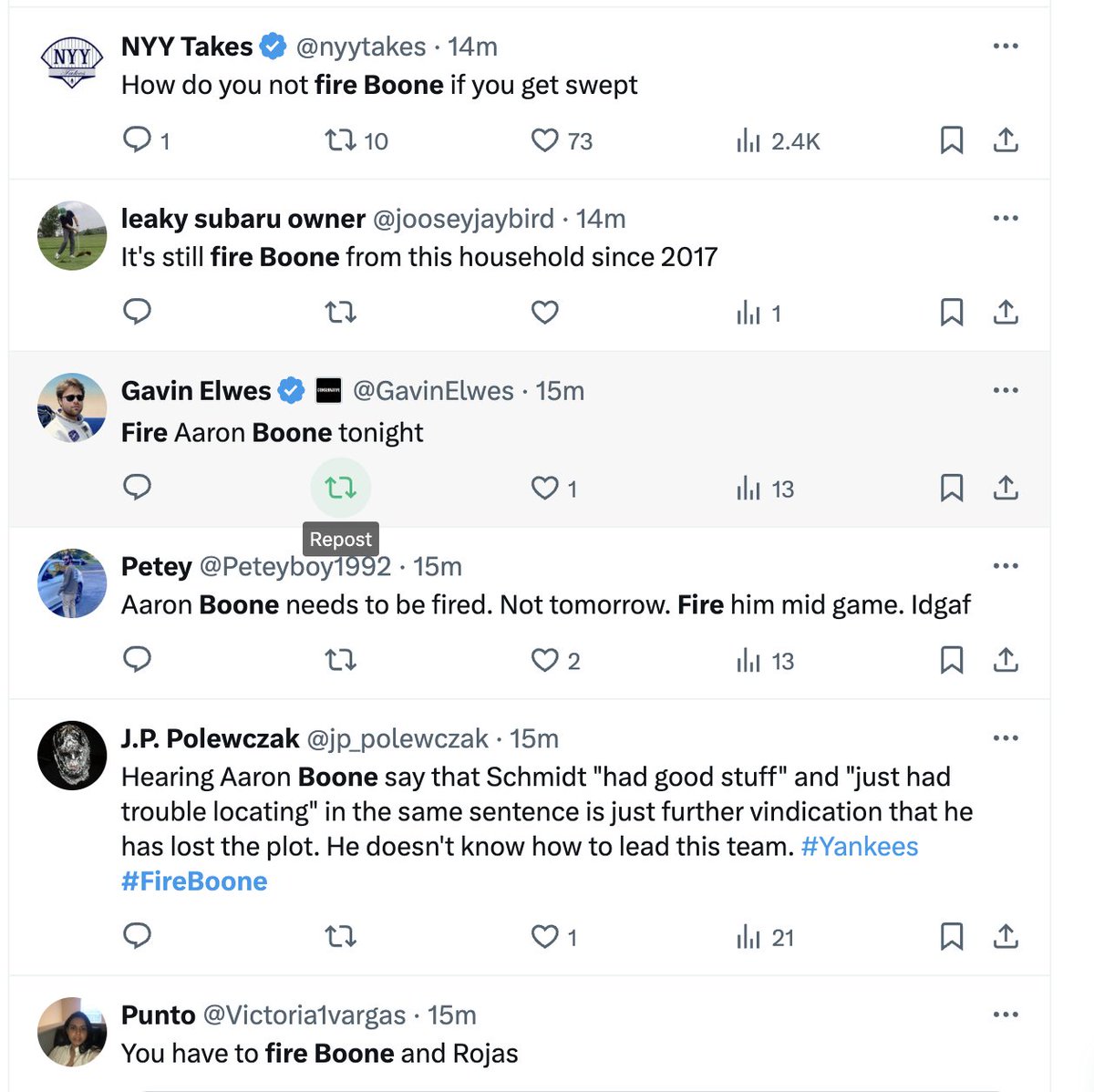 If you only tune in for baseball during the World Series and such, you might not know that one of the more entertaining things you can do is search "fire Boone" on this website any time the Yankees are struggling