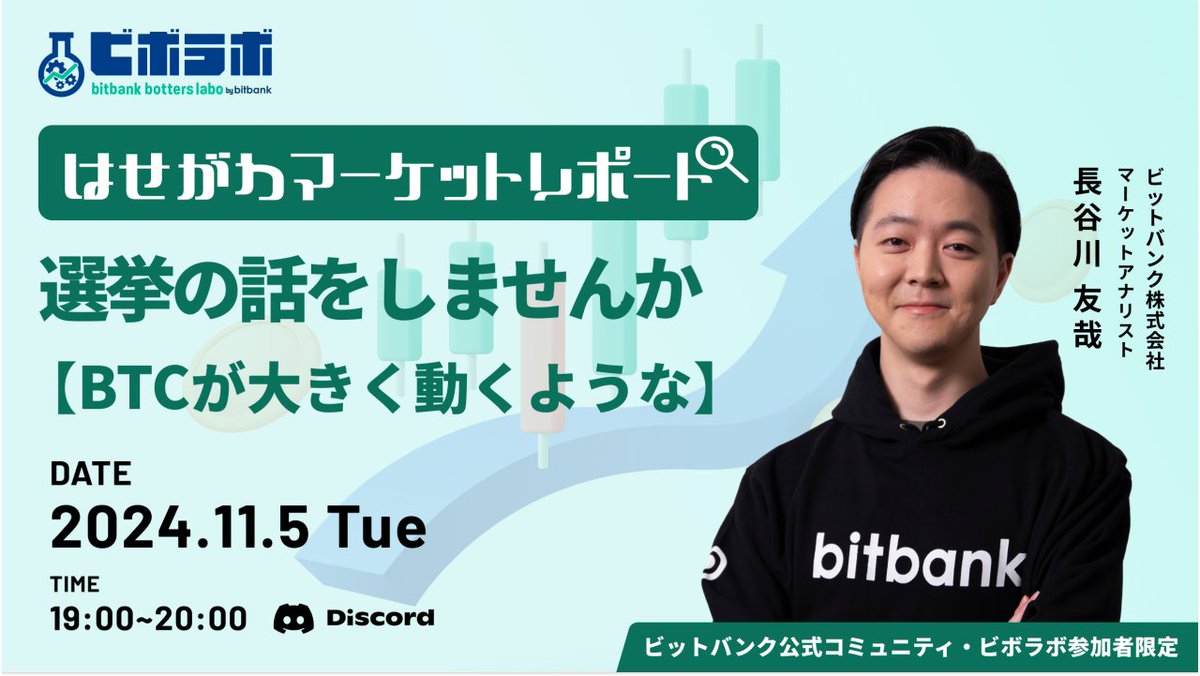 🎉 いよいよ本日開催 🎉 【はせがわマーケットレポート】選挙の話をしませんか【BTCが大きく動くような】 #ビボラボ イベント を開催いたします。  🗓本日 19:00〜20:00 📍ビットバンク公式Discordコミュニティビボラボ ⬇無料オンライン参加はこちら⬇ https://t.co  ...
