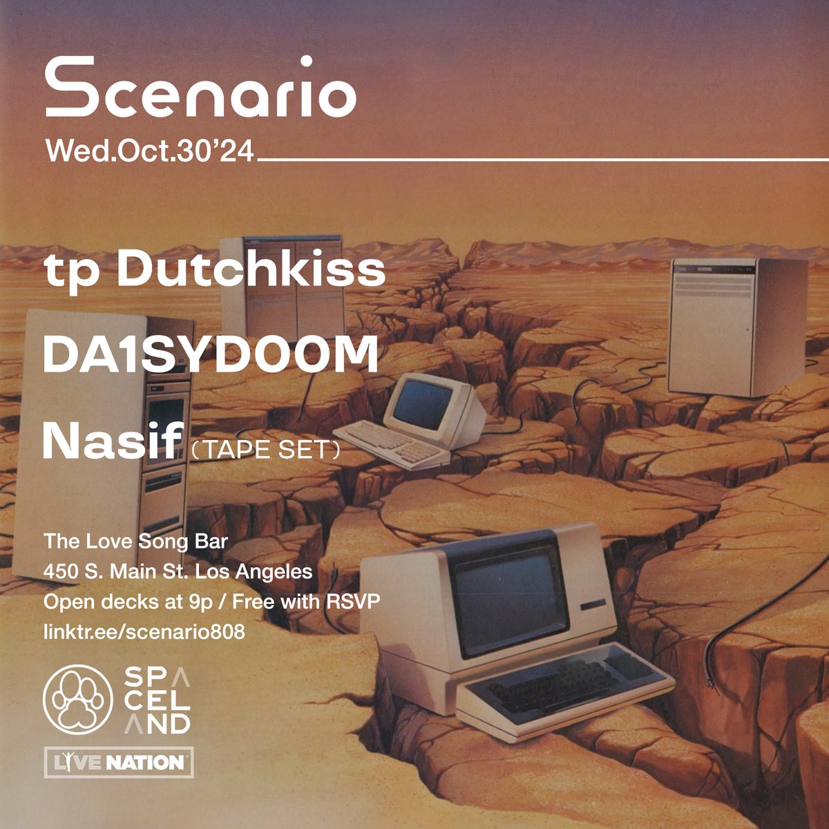 scenario808's tweet photo. This Wed 10/30: #tpDutchkiss #DA1SYD00M @mindysinadream @iamtristanmusic #Nasif (tape set) + @daddykev at @TheLoveSongBar. Open decks at 9p. Free with RSVP. Presented by @ALPHAPUP @SpacelandLA @LiveNation 🔊✨🔥 https://t.co/q3cXQVhMzD https://t.co/lnQhIzsVae