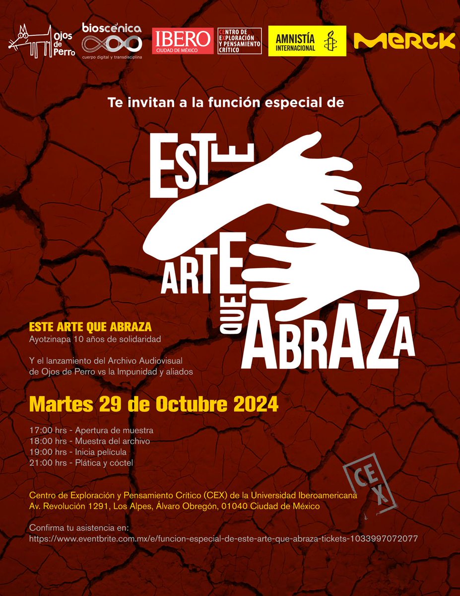 temoris's tweet photo. Si no has visto nuestro documental "Este arte que abraza", sobre diez años de creaciones en solidaridad con #Ayotzinapa, tienes otra oportunidad:

Este martes proyectaremos la película a las 19 hrs. en el Centro de Exploración y Pensamiento Crítico (Av. Revolución 1291, Metro Barranca del Muerto, CDMX).

Antes de eso, a las 17, abriremos la muestra de obras artísticas que acompaña al documental.

¡Y al final, tendremos charla y coctel!