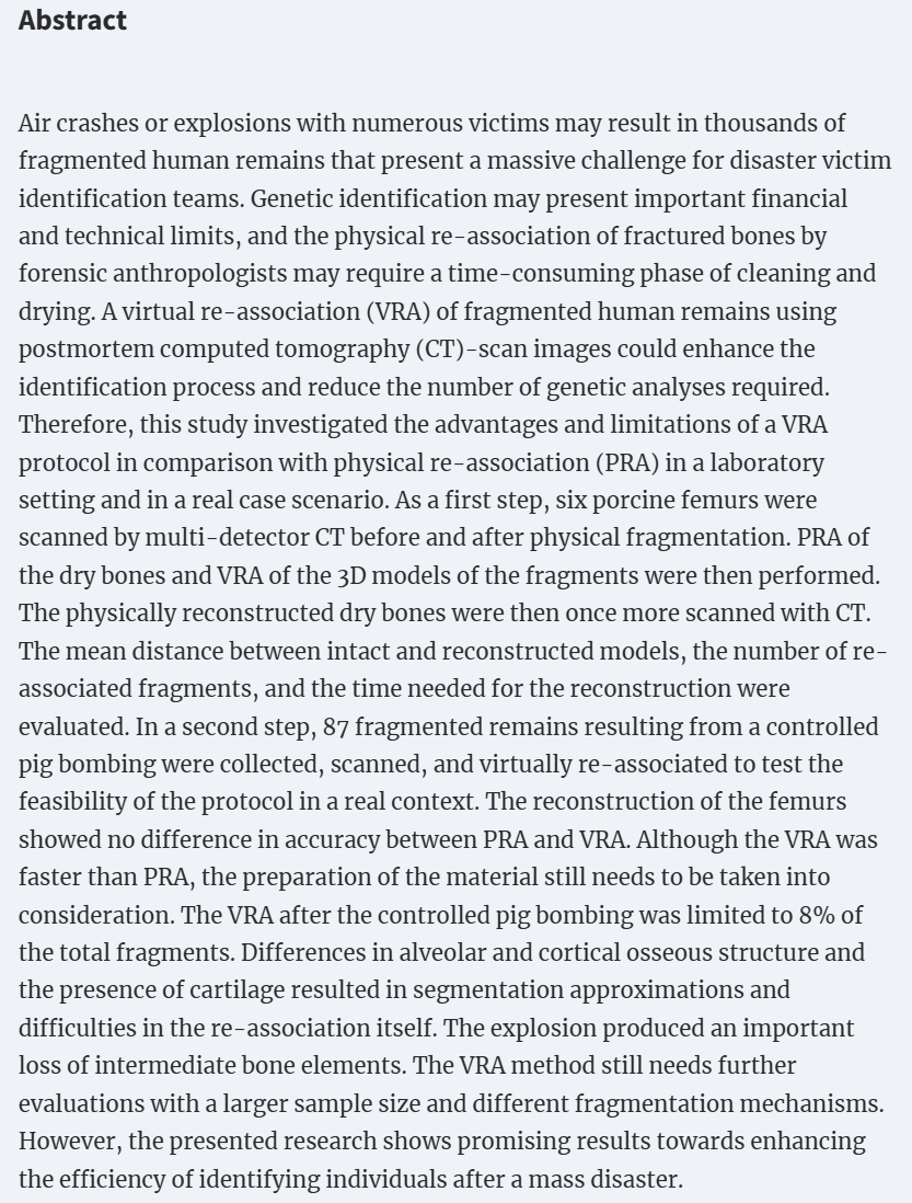 ForSciRes's tweet photo. Research article 035
Piece by piece—a computer-aided method for virtual re-association of commingled fragmented remains
by Lise Malfroy Camine and her colleagues
 https://t.co/lUtWX0spgv
#forensicanthropology #humanremains #DVI #disastervictimidentification #3D #FSR https://t.co/olu294tWaJ