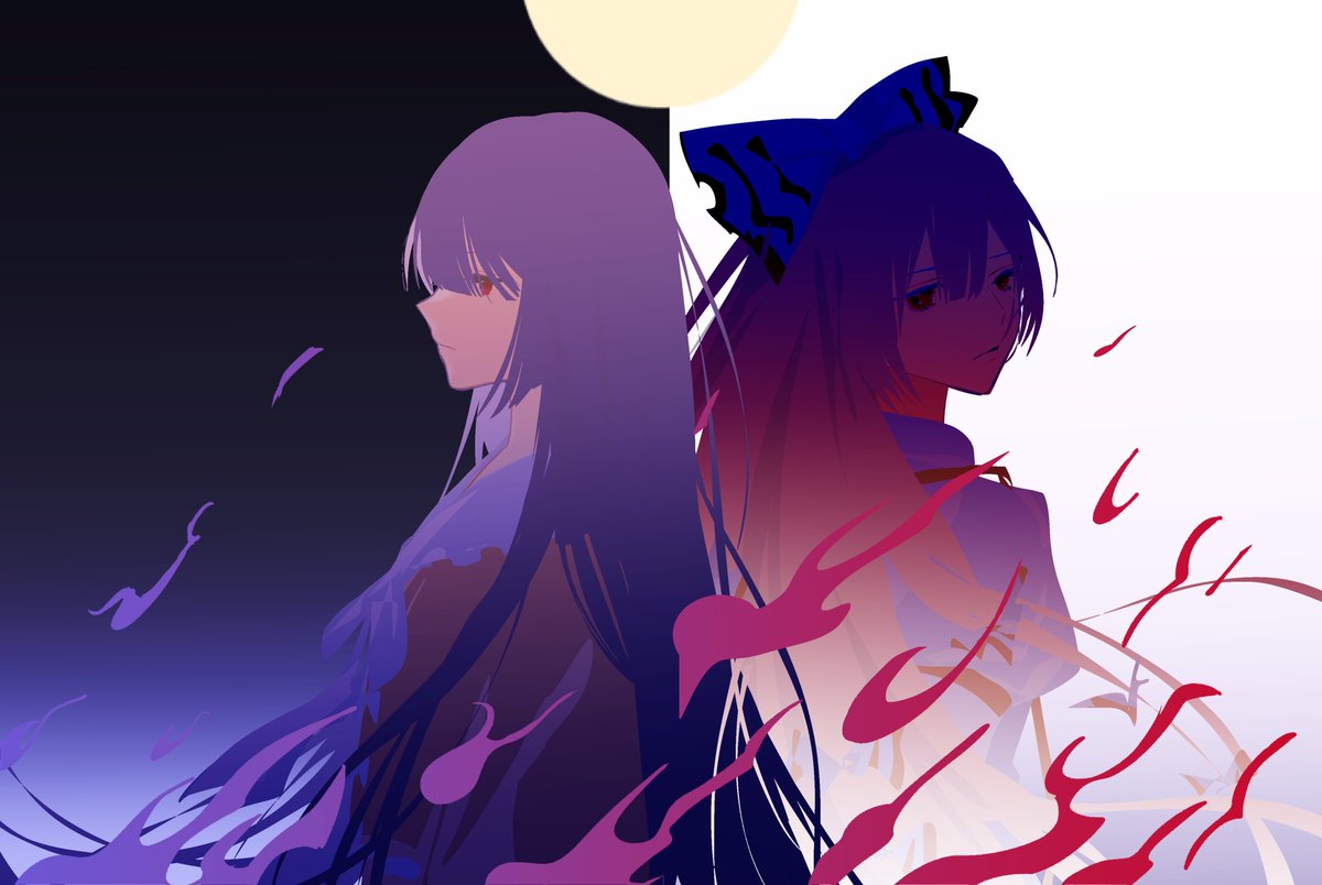 「那轮千年不变的明月」

半小时速涂了个不死组
好吃爱吃多吃
#東方Project 
#蓬莱山輝夜 
#藤原妹紅