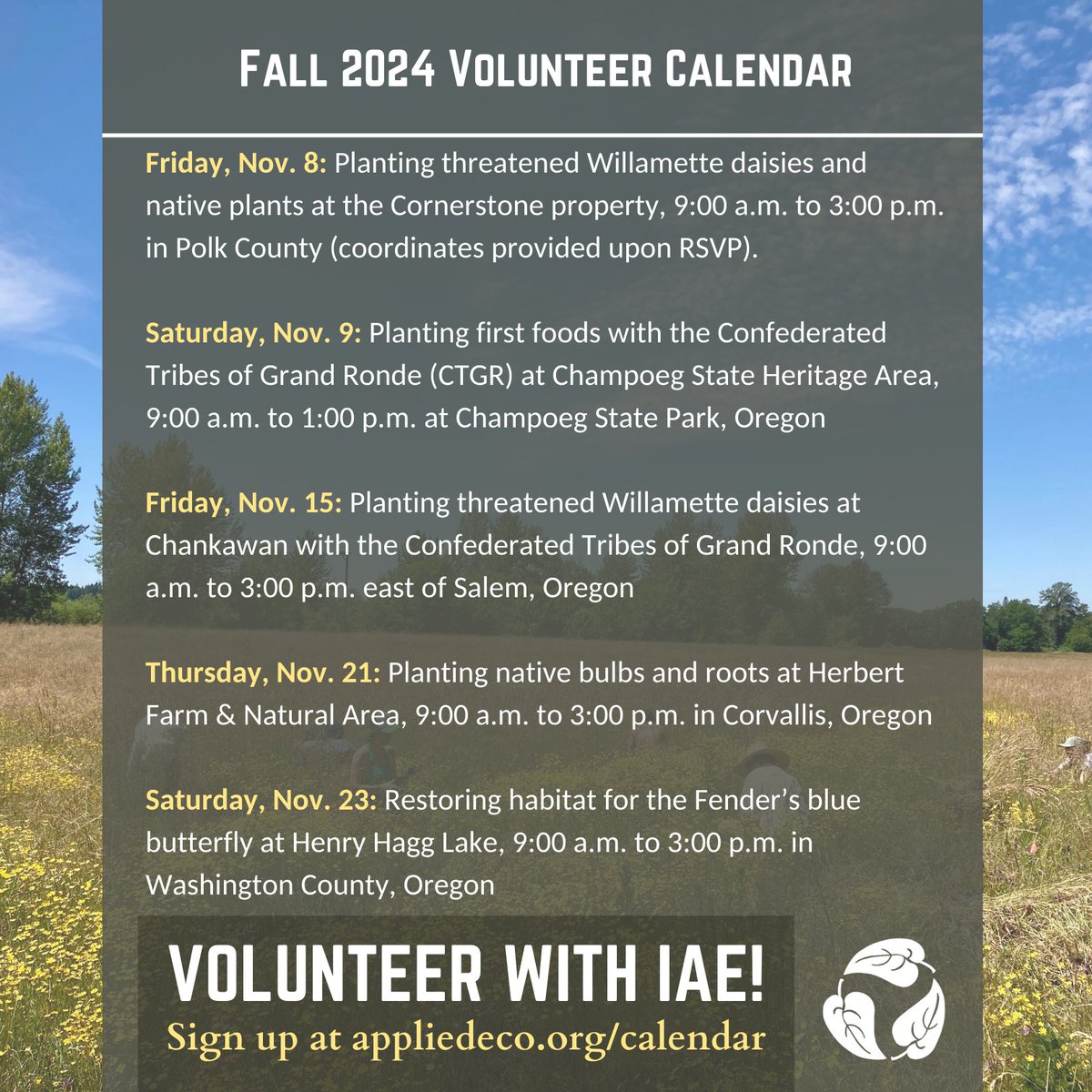 Fall planting season has arrived! Help us restore native habitats and save native ecosystems on-the-ground at one of our volunteer days. More info and details on how to register at: appliedeco.org/calendar