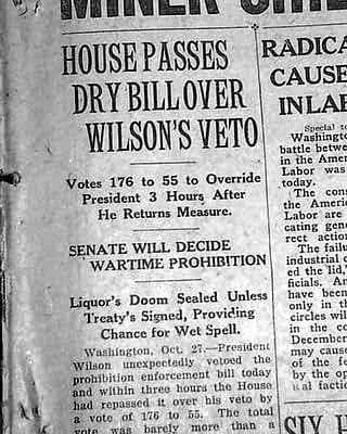 TammiMinoski's tweet photo. #OTD 1919: Congress passed the #VolsteadAct over the veto of President Wilson. Also known as the National #Prohibition Act, it prohibited the production, sale, transportation, and possession of alcohol in the United States. #USHistory https://t.co/aPpTxpL846