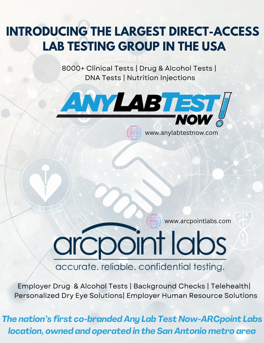AnyLabTestNowSA's tweet image. 📣 Exciting News: Any Lab Test Now New Braunfels, TX + ARCpoint Labs Co-Branding!
We’re thrilled to announce a game-changing partnership between Any Lab Test Now and ARCpoint Labs! Together, we&apos;re creating the largest direct-access lab testing
