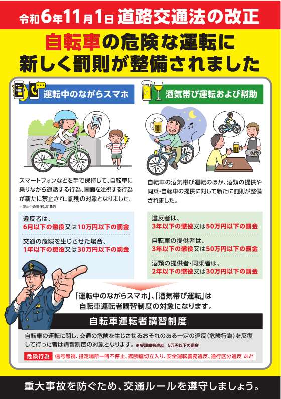 ／
道路交通法の一部が改正されます❗️👮
＼

令和6年11月1日から道路交通法の一部改正により、自転車運転中の「携帯電話の使用」と「酒気帯び運転」についての罰則が整備されました⚠️
自転車は車の仲間です❗️🚲
安全運転を心がけましょう👮
＃千葉県警察