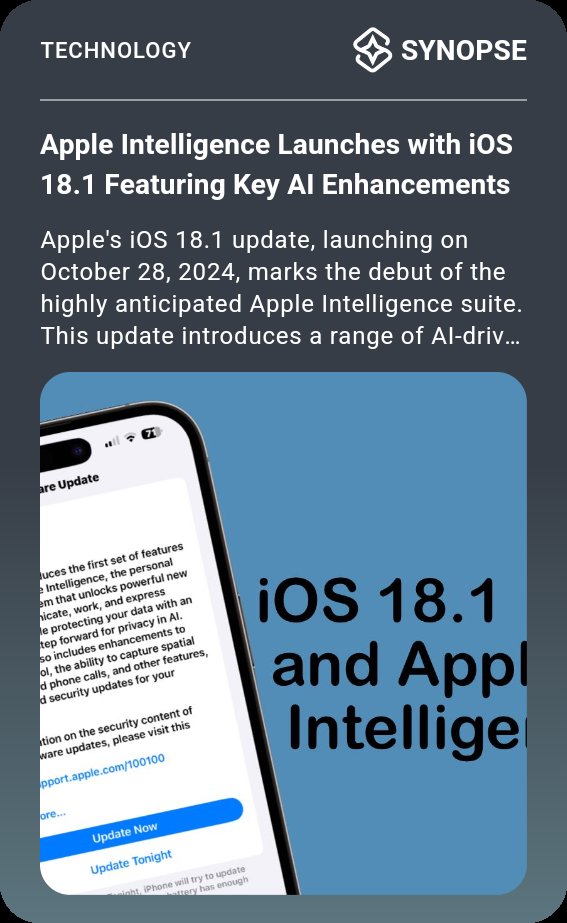SynopseAI's tweet photo. Apple Intelligence Launches with iOS 18.1 Featuring Key AI Enhancements 
 https://t.co/WvxtCz1VfP
 - via Synopse AI

#AppleIntelligence #Apple #iOS18 https://t.co/PQxdoRAD0H