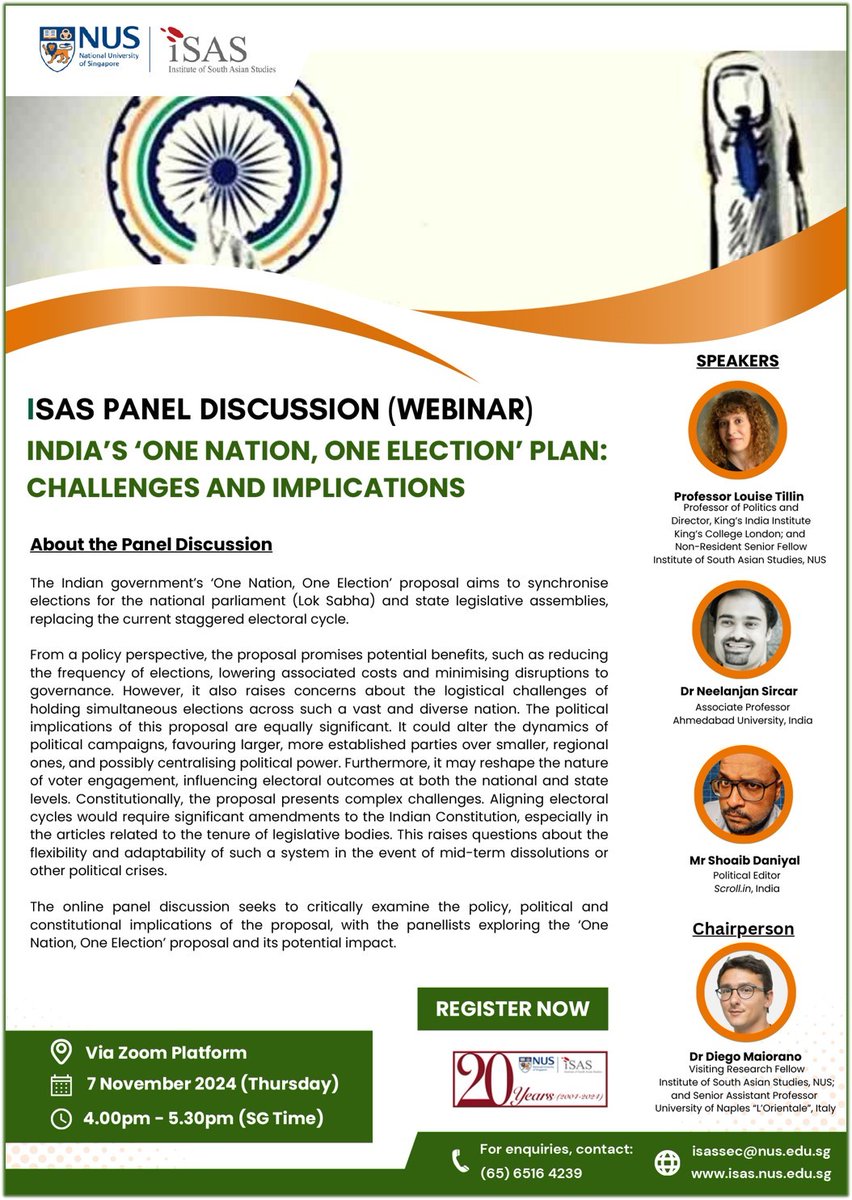 Discover the potential impacts of synchronising national and state elections in India. Our expert panel will discuss the policy, political, and constitutional implications of this ambitious proposal.
Register Here: eai-isas-india-china.eventbrite.sg