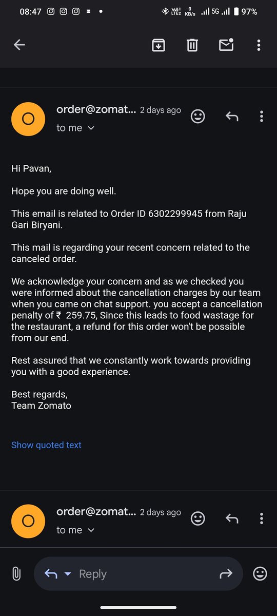 Pavan2814's tweet photo. Hi @deepigoyal sir,
my family members ordered a dish from the @zomato and at the same time he cancelled it....accidentally he clicked accept cancellation penalty. We didn't wait too long to cancel the order so can you please refund the money. https://t.co/QZRCMMayCi