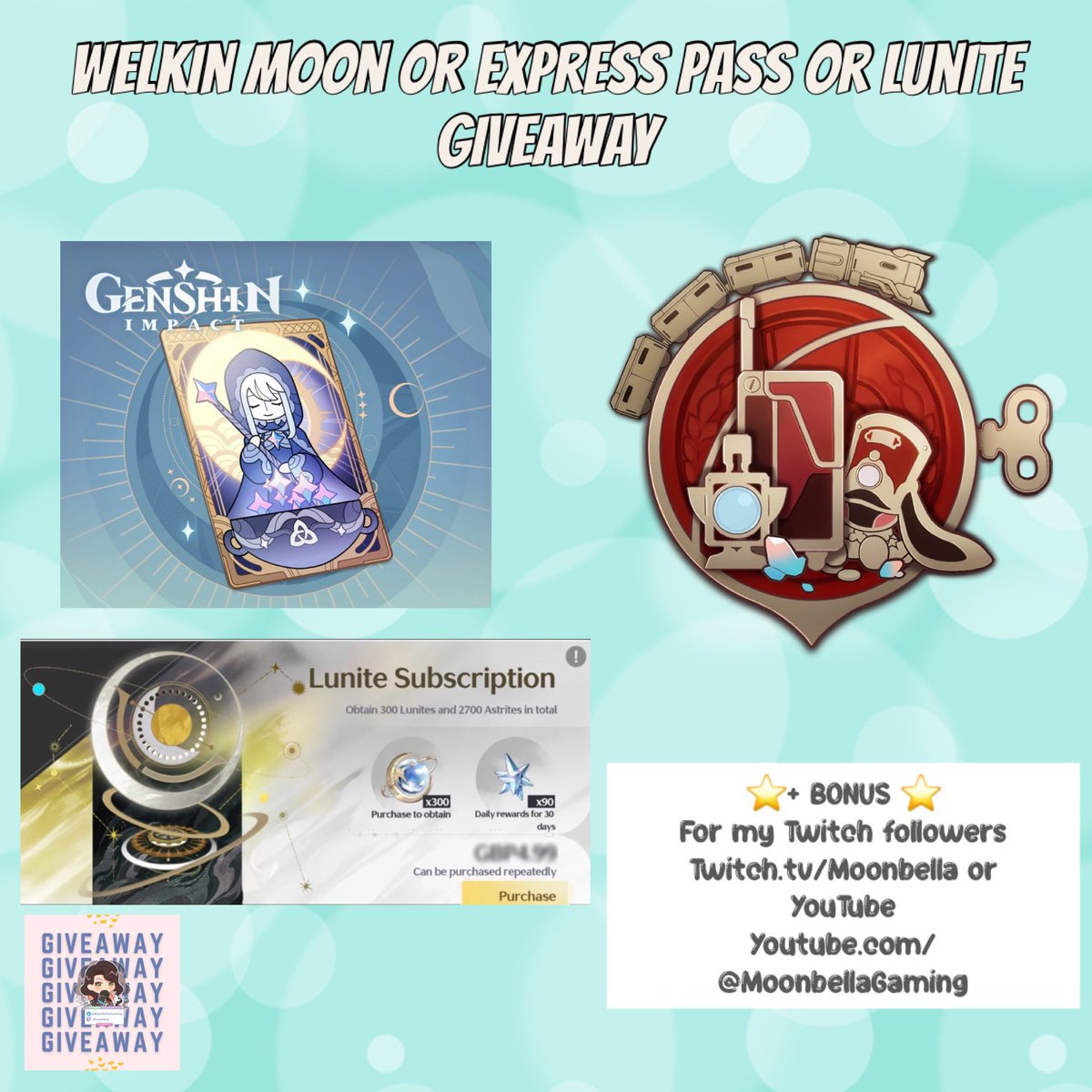 MoonbellaGaming's tweet photo. ✨🌟⭐️GIVEAWAY⭐️🌟✨

💖Blessing of the Welkin Moon
Or
💖Express Supply Pass
Or
💖Lunite subscription 

🌸Re Tweet &amp; Follow🌸

Winner announced Friday 8th November 

BONUS: If you Win and follow my Twitch or YouTube Choose another
https://t.co/yGmwkn3xyk
https://t.co/qxCVct7L4h https://t.co/k2PdwPrSgi