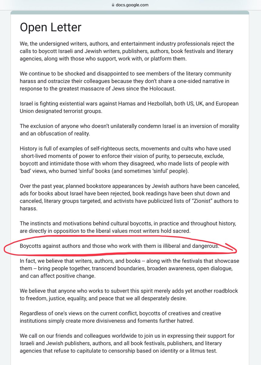 Of *course* I signed the <a href="/CCFPeace/">Creative Community for Peace</a> counter-boycott letter.

Because…
I loathe publishing’s ‘purity tests’
I refuse to be bullied into submission
I reject Sally Rooney &amp; Co’s ultimatums &amp; attempts to coerce speech and behaviour

Yeah, I know people are steering clear of this one.