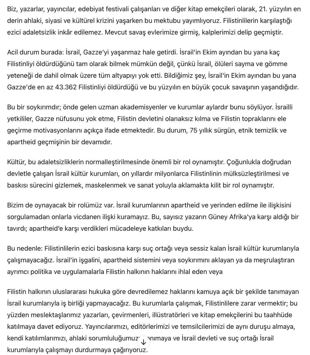 ingiltere'de 1000 yazar/yayıncı israil kültür kurumlarını boykota çağırdı. judith butler, nobelli annie ernaux, pulitzerli nguyen, booker ödüllü arundhati roy, popilerden sally rooney, rachel kushner. 
"refusing complicity in israel's literary institutions" tokadının yz çevirisi: