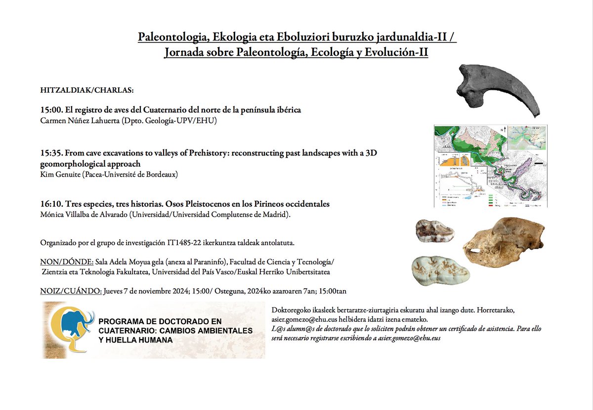 Asier Gómez Olivencia (@asiergolivencia) on Twitter photo Hurrengo astean geologia eta paleontologiari buruzko jardunaldia izango dugu <a href="/EHUzientzia/">EHUzientzia</a> fakultatean. Hizlari bikainak: <a href="/CarmenNL7/">Carmen NL</a> ,
<a href="/PACEA_Bordeaux/">PACEA</a> tik #Kim_Genuite; eta <a href="/MoniPitecus/">Mónica Villalba</a>.
<a href="/ehugeologia/">Geologia UPV/EHU</a> Hurrengo astean geologia eta paleontologiari buruzko jardunaldia izango dugu <a href="/EHUzientzia/">EHUzientzia</a> fakultatean. Hizlari bikainak: <a href="/CarmenNL7/">Carmen NL</a> ,
<a href="/PACEA_Bordeaux/">PACEA</a> tik #Kim_Genuite; eta <a href="/MoniPitecus/">Mónica Villalba</a>.
<a href="/ehugeologia/">Geologia UPV/EHU</a>