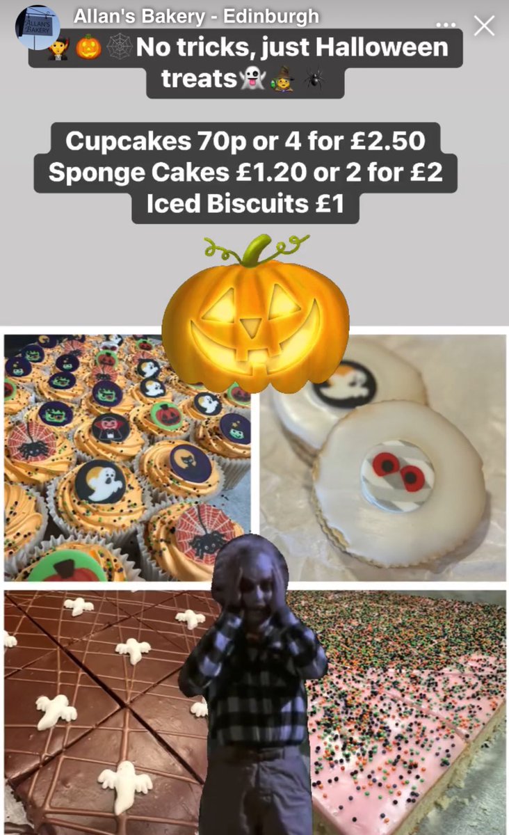 🧛🎃🕸️No tricks, just Halloween treats👻🧙‍♀️🕷️

Cupcakes 70p or 4 for £2.50
Sponge Cakes £1.20 or 2 for £2
Iced Biscuits £1