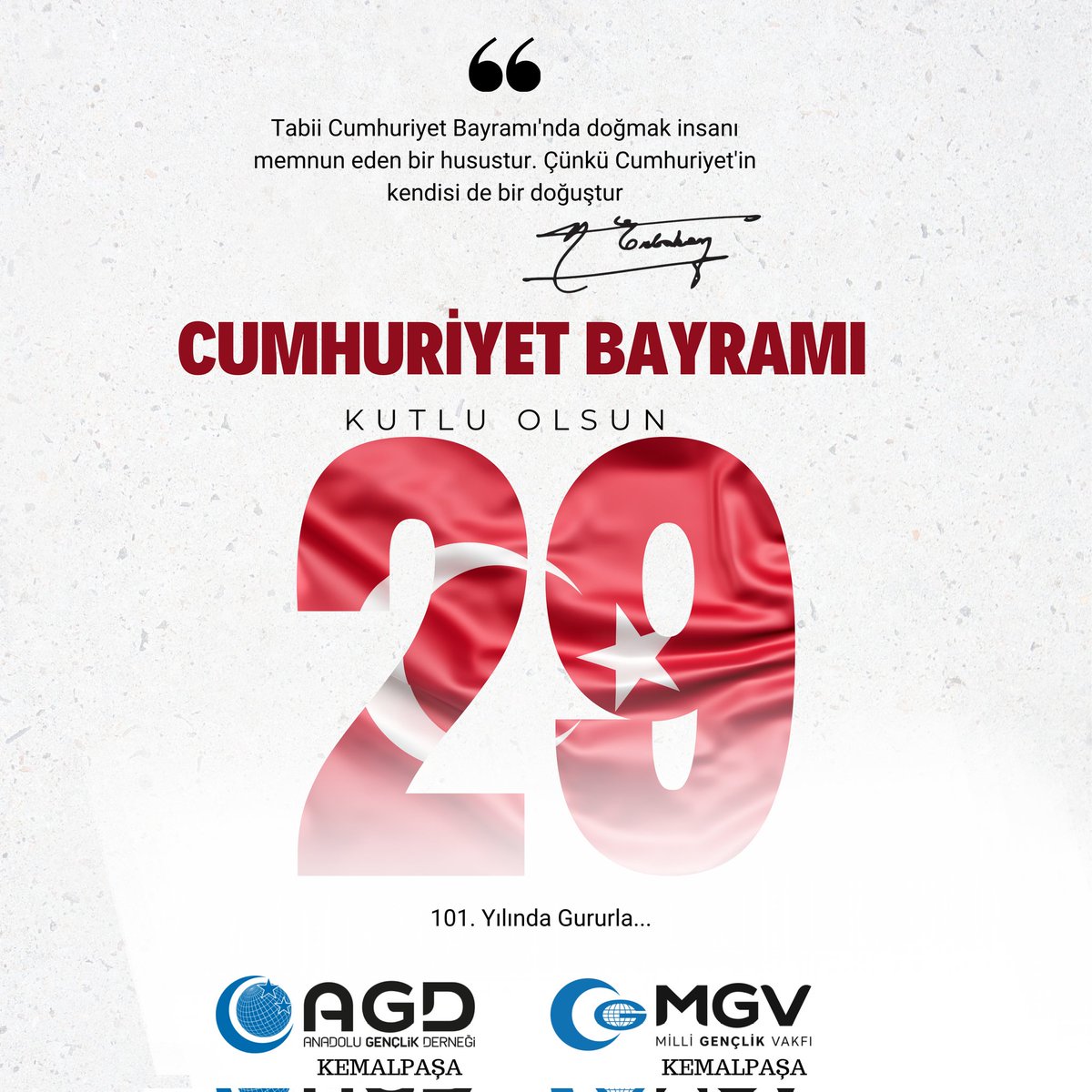 "Tabii Cumhuriyet Bayramı'nda doğmak insanı memnun eden bir husustur. Çünkü; Cumhuriyet'in kendisi de bir doğuştur" bu sözlerle beraber başta merhum Necmettin Erbakan hocamız olmak üzere, bu vatan için mücadele etmiş şehitlerimize ve gazilerimize minnetle yad ediyoruz