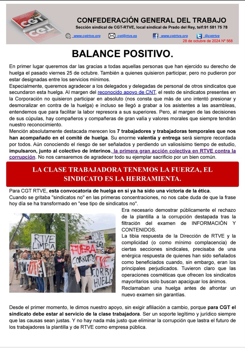 cgtrtve's tweet photo. BALANCE POSITIVO

Para CGT RTVE, esta convocatoria de #HuelgaRTVE25O en sí ya ha sido una victoria de la ética. 
La huelga fue ideada y liderada por los trabajadores/as de RTVE y en CGT tenemos el orgullo de haber servido a su causa.

Sigue leyendo👇🏽
https://t.co/077hN4xsyo https://t.co/5azWjampvz